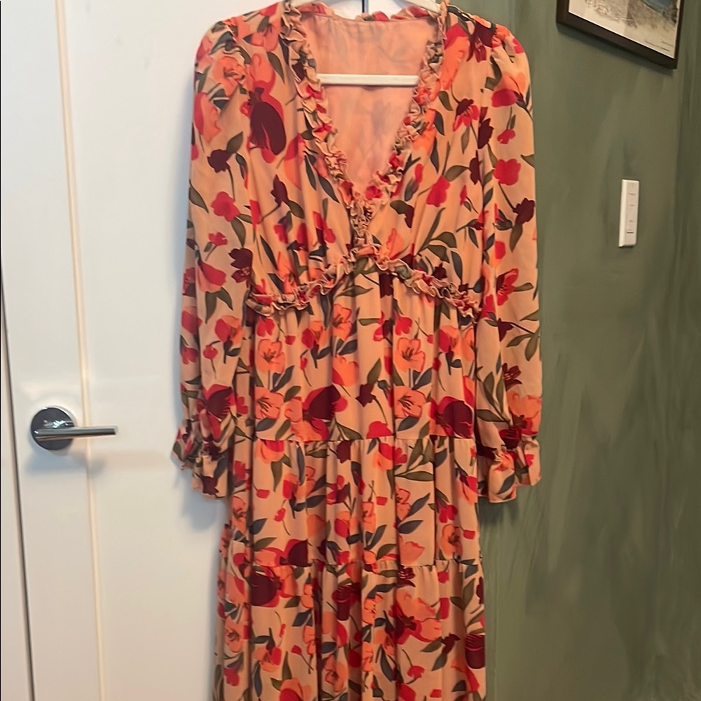 Floral V-Neck Dress in Red and Orange